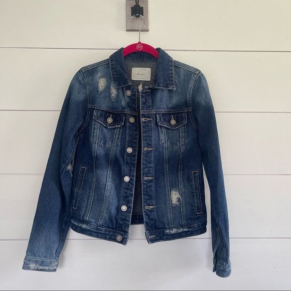 KanCan Dark Wash Distressed Denim Jacket - Picture 1 of 6